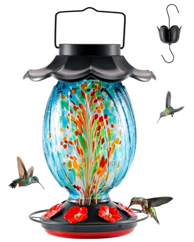HouseSapp Solar Hummingbird Feeder - 49 fl.oz Hand Blown Glass Color Changing - 7 Feeding Ports with Perch - Never Leak - Perfect Hummingbird Feeder for Outdoors Hanging (Blue) - Image 1