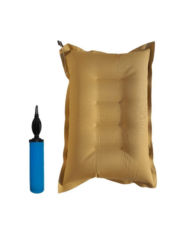 PM SQUARE Cotton Blend Inflatable Soft Portable Khaki Air Pillow With Air Pump For Travel In Train, Bus, Camping, Hostel And Office, Standard - Image 1