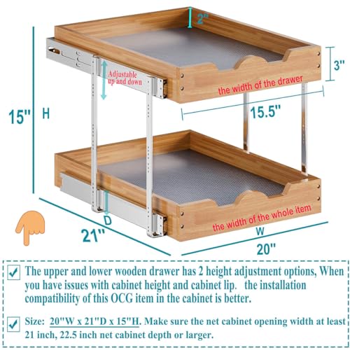 OCG 2 Tier Pull Out Cabinet Organizer (20"W x 21"D), Heavy-Duty Slide out Wood Drawer Shelf, Pull Out Drawer for Cabinets, Base Cabinet Organization for Kitchen, Pantry, Bathroom - Image 2