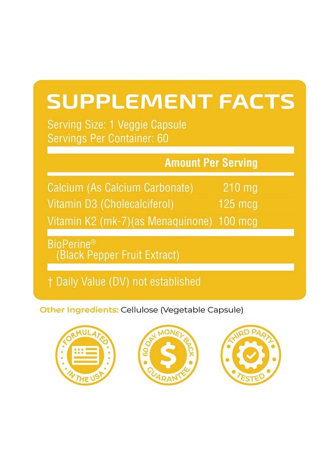 Nobi Nutrition - Vitamin D3 K2 Supplement; Support Immune System Strong Bones & Teeth; Vitamin D3 5000 Iu (125Mcg); Vitamin K2 Mk7 (100Mcg); Calcium (210Mg); With Bioperine; 3Rdparty Tested 60 Capsules - Image 1