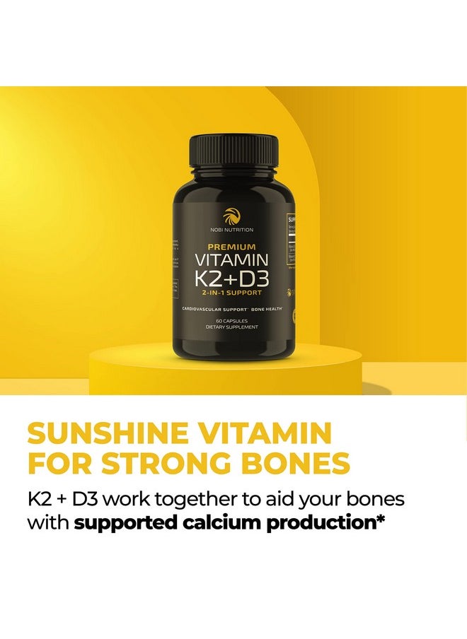 Nobi Nutrition - Vitamin D3 K2 Supplement; Support Immune System Strong Bones & Teeth; Vitamin D3 5000 Iu (125Mcg); Vitamin K2 Mk7 (100Mcg); Calcium (210Mg); With Bioperine; 3Rdparty Tested 60 Capsules - Image 1
