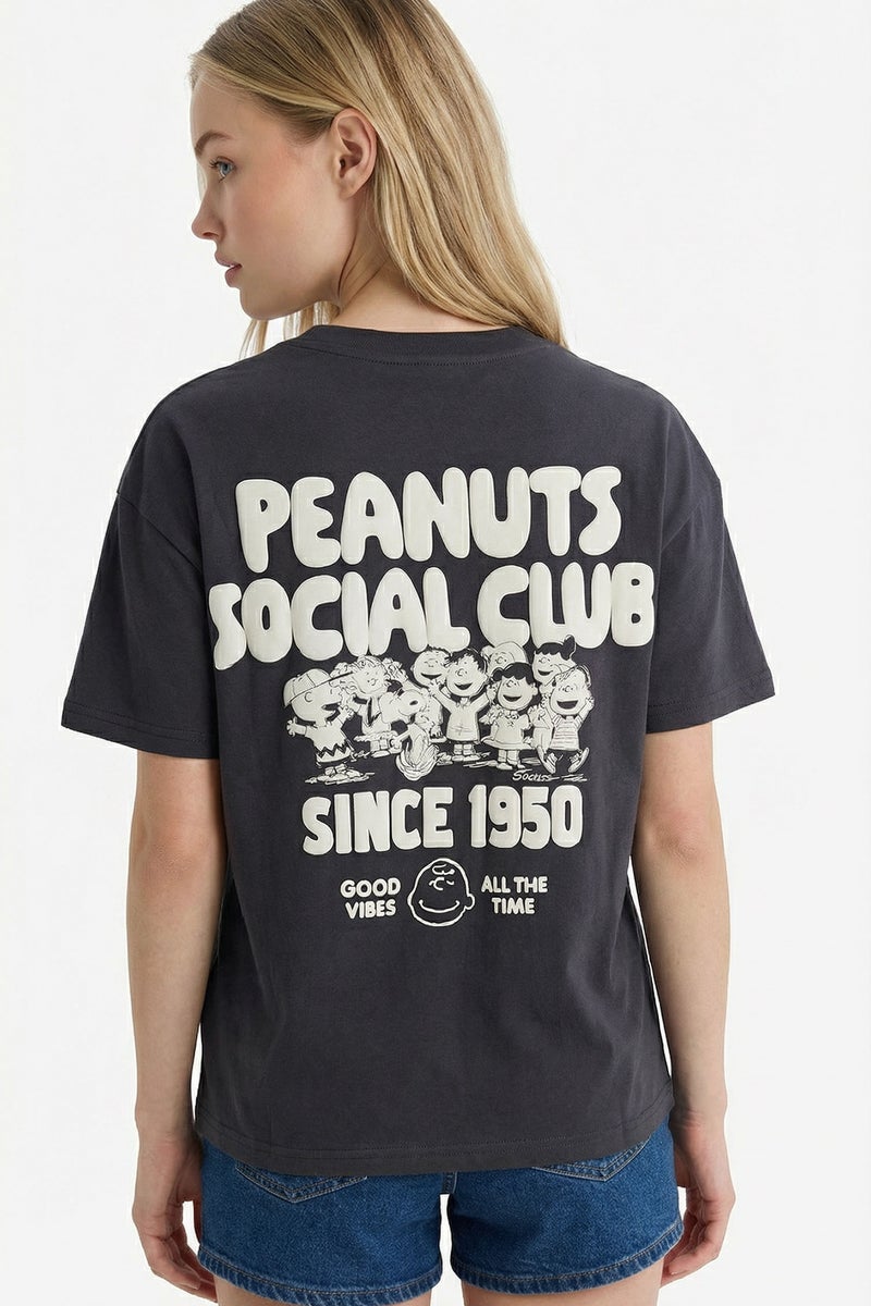 DeFacto Grey Woman Snoopy Crew Neck Printed Oversize T-Shirt Casual - Image 1