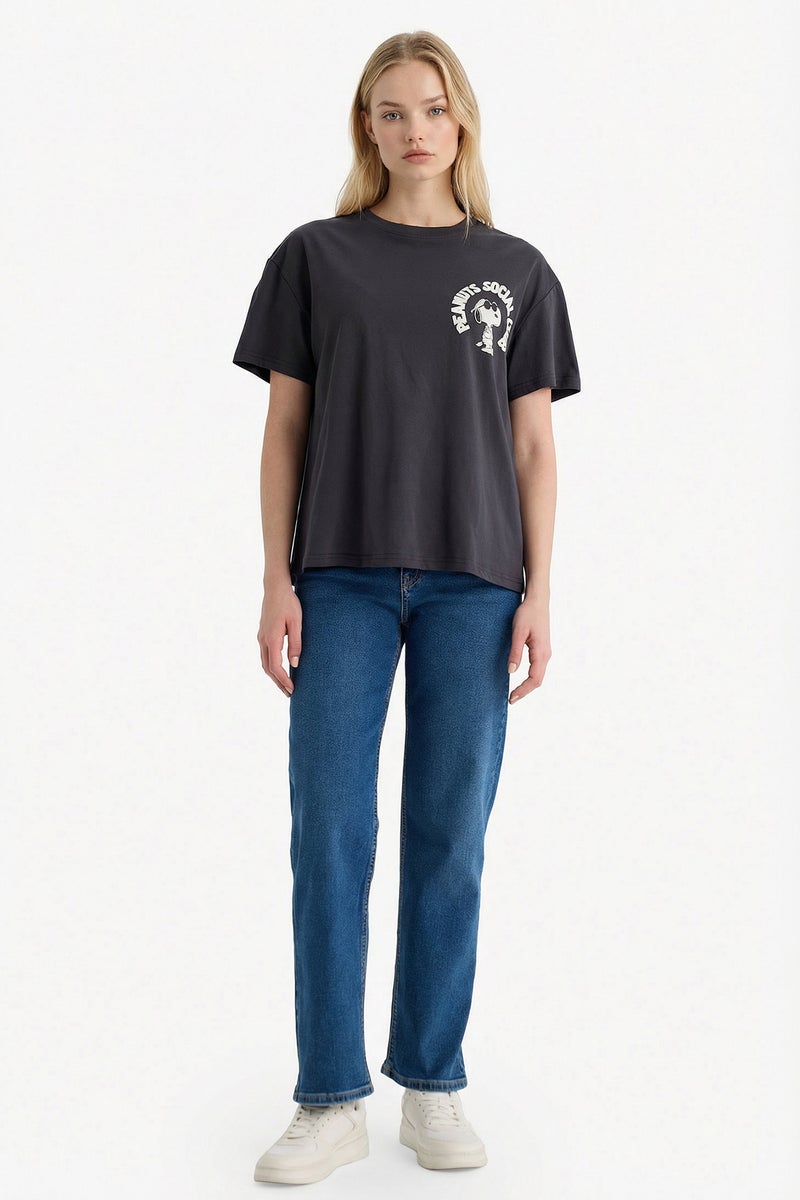 DeFacto Grey Woman Snoopy Crew Neck Printed Oversize T-Shirt Casual - Image 2