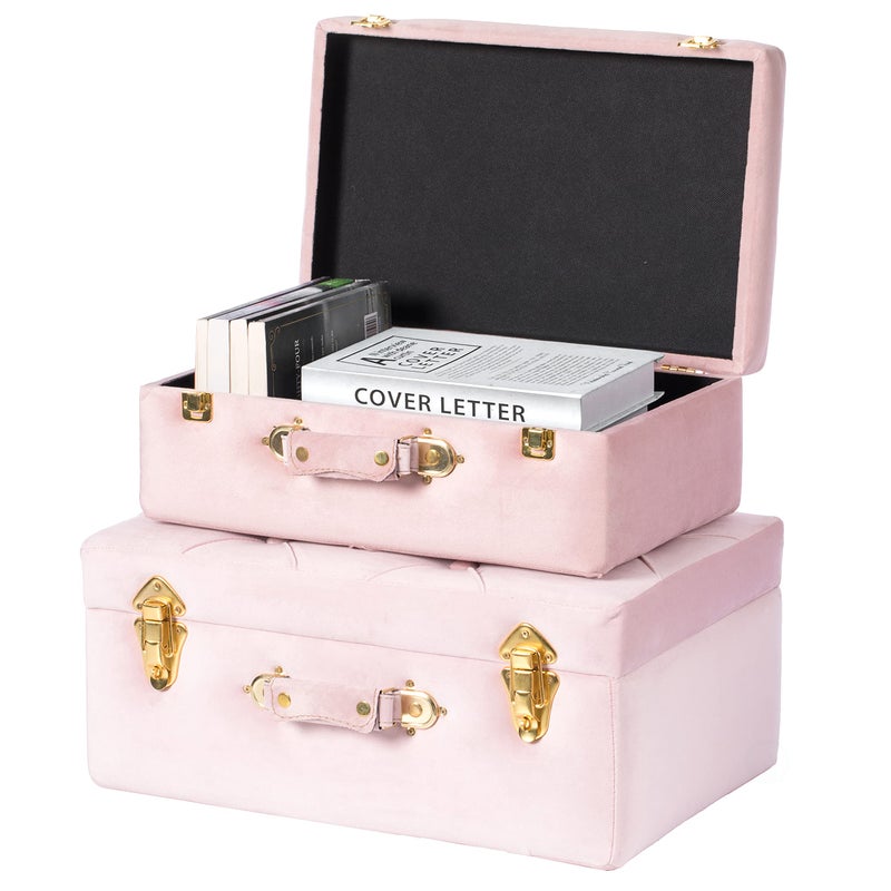 vintiquewise Vintiquewise Decorative Tufted Velvet Suitcase Treasure Chest Set of 2 Pink 