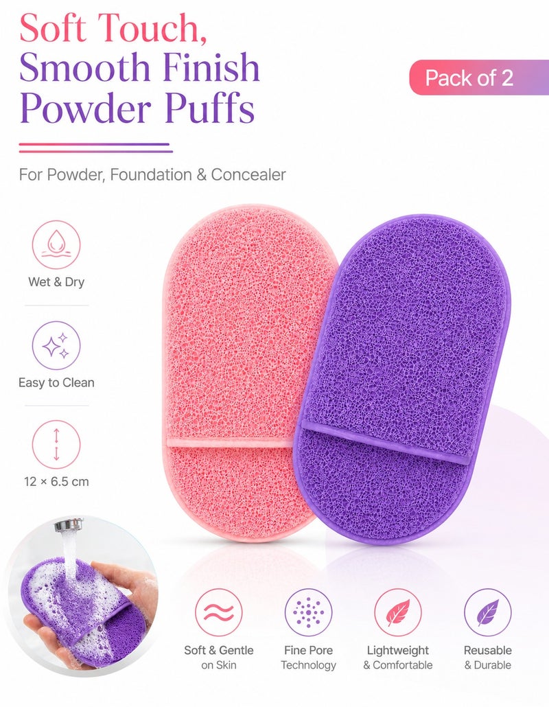 O2. PACK OF 2 Oval Makeup Powder Puff Set, Pink and Purple Soft Textured Face Puff Applicators for Wet and Dry Use, Loose Powder, Pressed Powder, Setting Powder, Foundation, Concealer and Cream Products, Reusable Sponge Pads, (12 × 6.5 cm) - Image 1