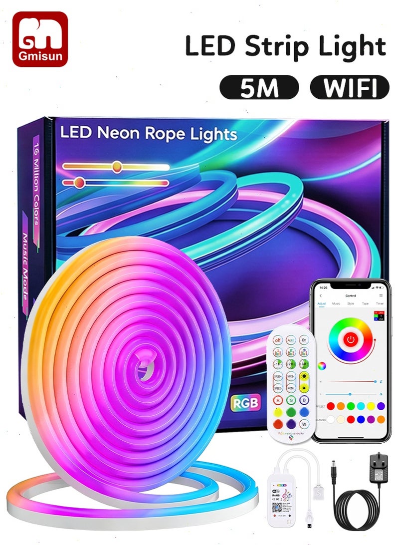 جميسون شريط نيون LED ذكي RGB بطول 5 متر بتقنية WiFi، شريط إضاءة نيون LED مع تحكم عبر التطبيق، متوافق مع Alexa وGoogle Assistant، مزامنة مع الموسيقى، إضاءة مقاومة للماء للاستخدام الداخلي والخارجي لغرفة النوم وغرفة المعيشة وغرفة الألعاب - Image 1