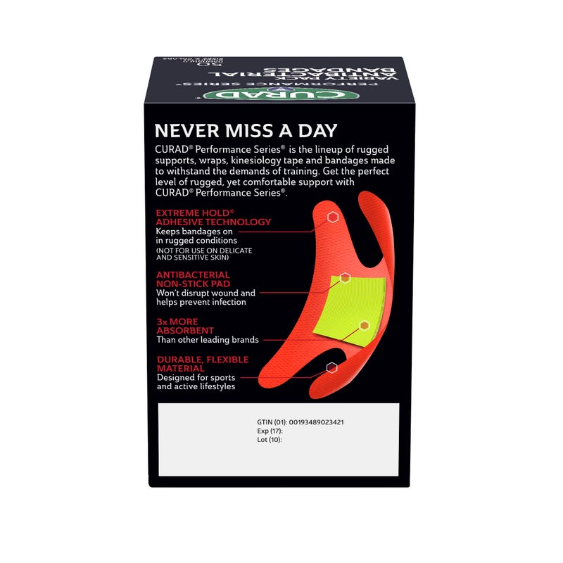 CURAD Performance Series Antibacterial Bandages, Extreme Hold Adhesive Technology, Finger & Knuckle Bandages, Flexible Fabric, Variety Pack with Assorted Sizes & Colors, 50 Count - Image 5