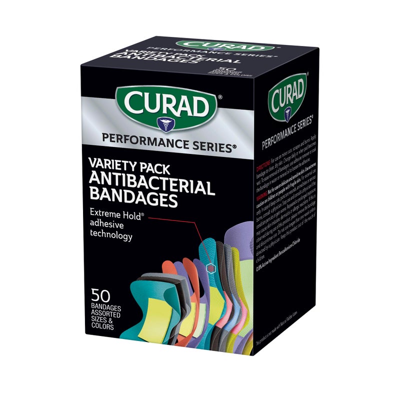 CURAD Performance Series Antibacterial Bandages, Extreme Hold Adhesive Technology, Finger & Knuckle Bandages, Flexible Fabric, Variety Pack with Assorted Sizes & Colors, 50 Count - Image 2