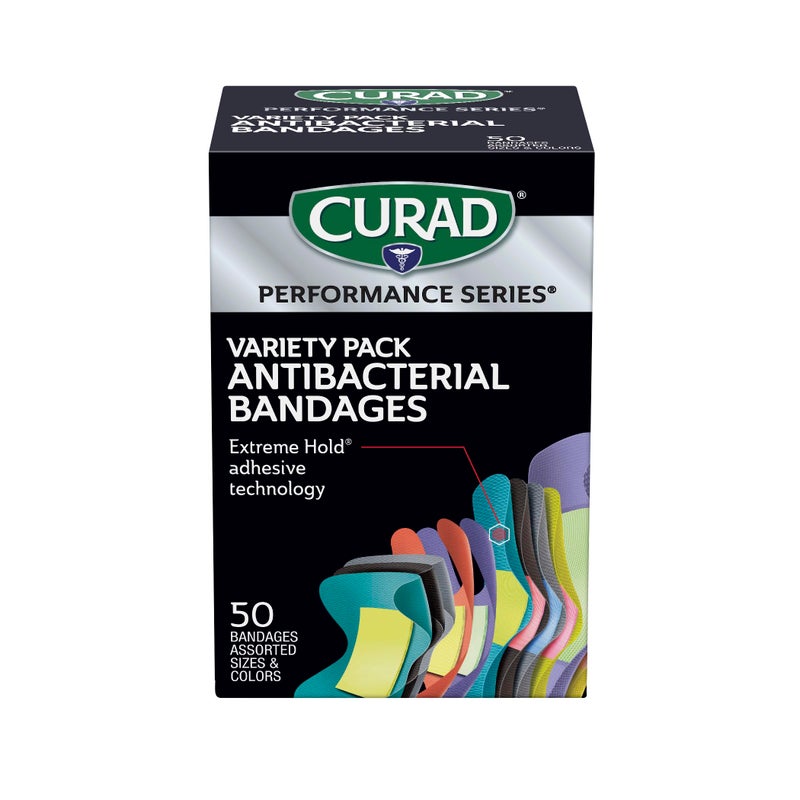 CURAD Performance Series Antibacterial Bandages, Extreme Hold Adhesive Technology, Finger & Knuckle Bandages, Flexible Fabric, Variety Pack with Assorted Sizes & Colors, 50 Count - Image 1