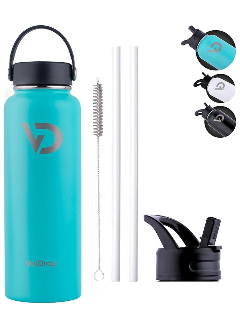 VOIDROP Thermos Bottle 40oz Hot and Cold Beverages Bottle Wide Mouth Double Wall Insulated Hydration Sports Water Bottle-Coldest Gym Bottles 1chug Lid 2 Straws and 1Brush Turquoise Blue 1200ML - Image 1
