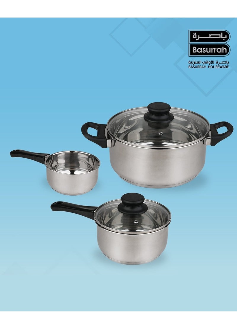 BASURRAH 3-Piece Stainless Steel Cookware Pot Set with Glass Lids – Cooking Pots and Frying Pan Set – Elegant Design with Durable Base for Even Heat Distribution, Suitable for Daily Cooking on All Types of Stovetops - Image 2