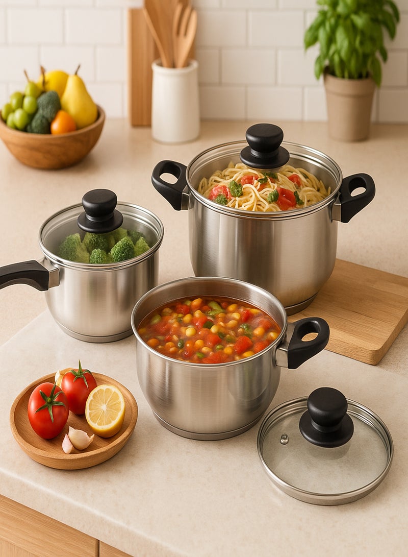 BASURRAH 3-Piece Stainless Steel Cookware Pot Set with Glass Lids – Cooking Pots and Frying Pan Set – Elegant Design with Durable Base for Even Heat Distribution, Suitable for Daily Cooking on All Types of Stovetops - Image 1