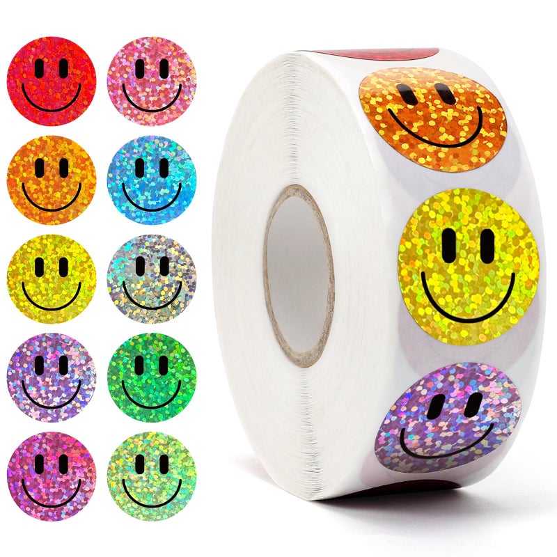 Wercokt 1000PCS Smiling Glitter Stickers, 1inch 10 Colored Sparkly Foil Happy Stickers, Rewarding Student Behaviour, School Classroom Teacher - Image 1