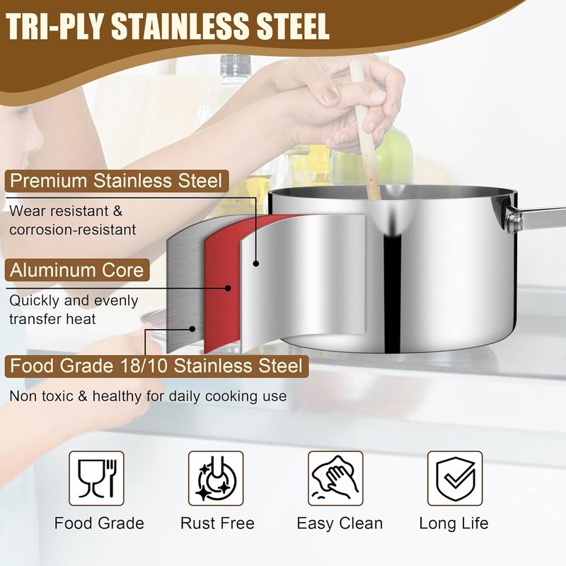 - 2.8 litre (3 quart) saucepan with lid, three-layer stainless steel with pour spout, multi-purpose induction saucepan and stay-cool handle, compatible with all stovetops, suitable - Image 4
