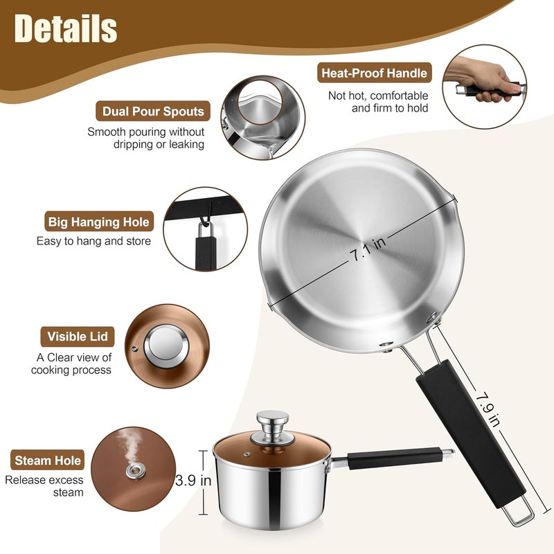 - 2.8 litre (3 quart) saucepan with lid, three-layer stainless steel with pour spout, multi-purpose induction saucepan and stay-cool handle, compatible with all stovetops, suitable - Image 2
