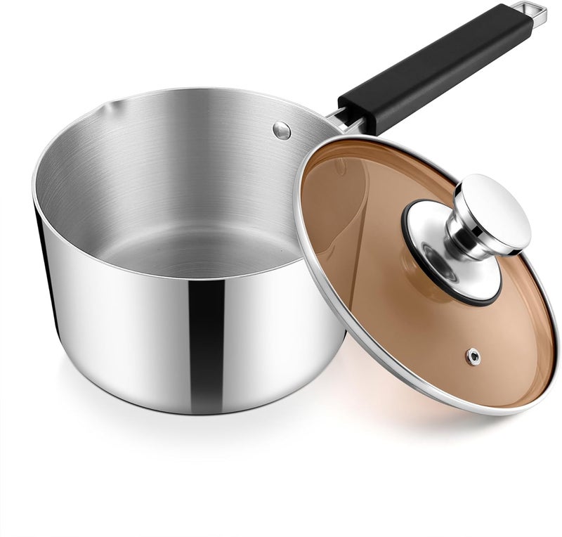 - 2.8 litre (3 quart) saucepan with lid, three-layer stainless steel with pour spout, multi-purpose induction saucepan and stay-cool handle, compatible with all stovetops, suitable - Image 1