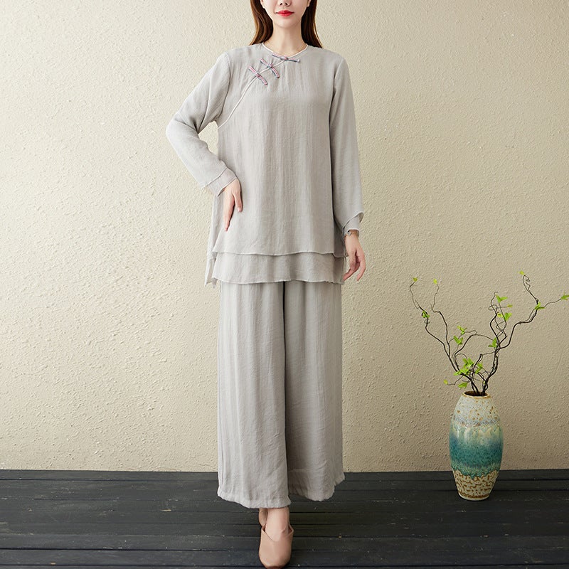 Artistic Vintage Loose-Fit Plus Size Womens Clothing Set Chinese Style Yoga Resident Zen Meditation Tea Ceremony Two-Piece Suit Gray suit  - Image 1