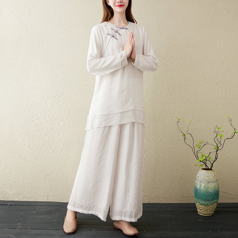 Artistic Vintage Loose-Fit Plus Size Womens Clothing Set Chinese Style Yoga Resident Zen Meditation Tea Ceremony Two-Piece Suit Gray suit  - Image 2