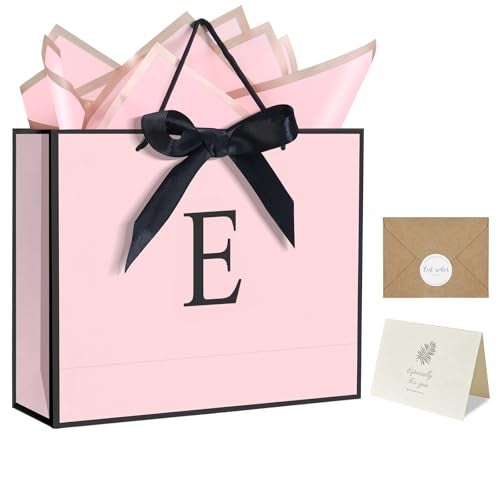 QLSKO Personalized Initial Paper Bag for Women Grils,Monogrammed Gift Bag with Bow Ribbon,Wrapping Tissue and Card Matching Envelope Sticker (Pink, E-Medium) - Image 1