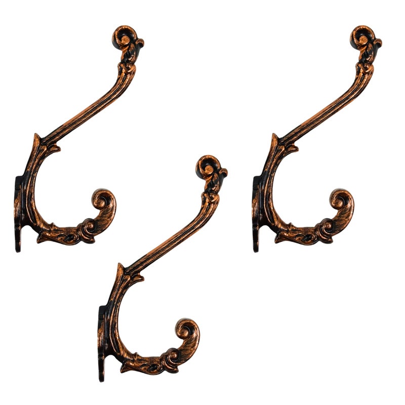 AYZCORP Set of 3 Cast Iron Antique Design Coat Hooks Wall Art DecorAntique Design Hangers and Key HolderClothes Rack and Backpack HangerCoat Hooks Home Decor for StorageRooms Copper Finish - Image 2