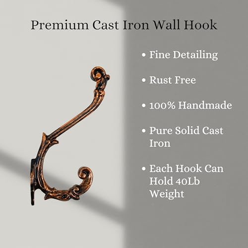 AYZCORP Set of 3 Cast Iron Antique Design Coat Hooks Wall Art DecorAntique Design Hangers and Key HolderClothes Rack and Backpack HangerCoat Hooks Home Decor for StorageRooms Copper Finish - Image 3