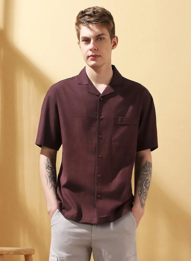 Dennis Lingo Men's Wine Cotton Blend Textured Button Down Relaxed Shirt