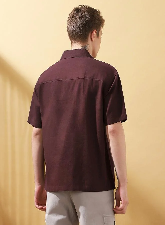 Dennis Lingo Men's Wine Cotton Blend Textured Button Down Relaxed Shirt