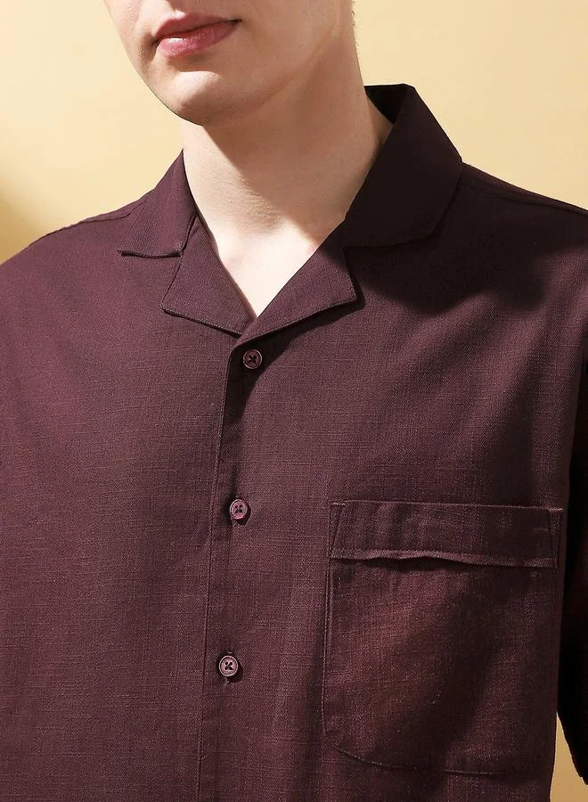 Dennis Lingo Men's Wine Cotton Blend Textured Button Down Relaxed Shirt