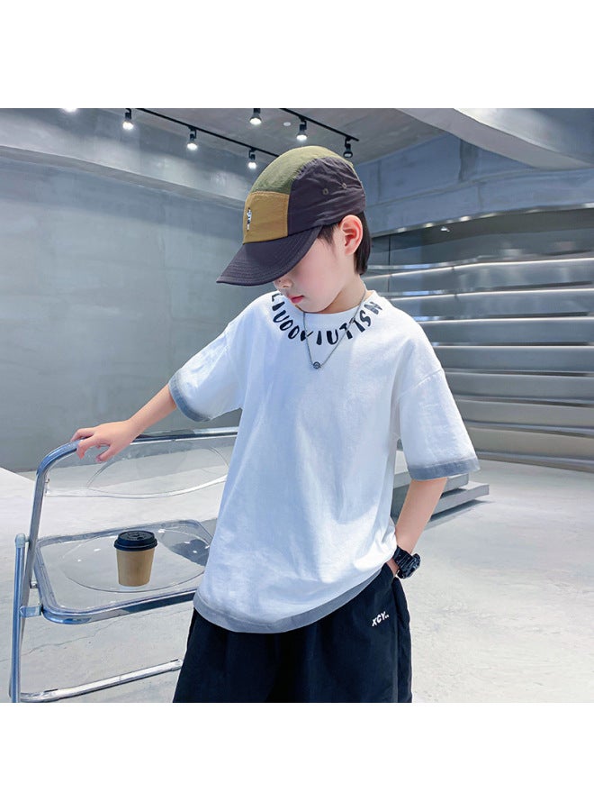 Men's Big Children's Summer White Loose Cotton Short-sleeved T-shirt New Children's Boy's Summer Handsome Top Trendy