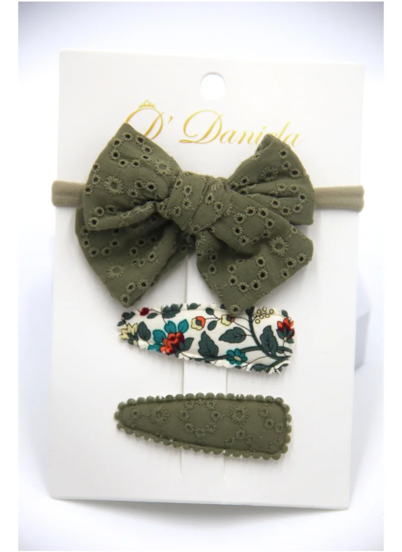 دىدانيالا D'Daniela Jana Ribbon Bow Clip Set with Ponytail For Babies and Girls - Olive Green