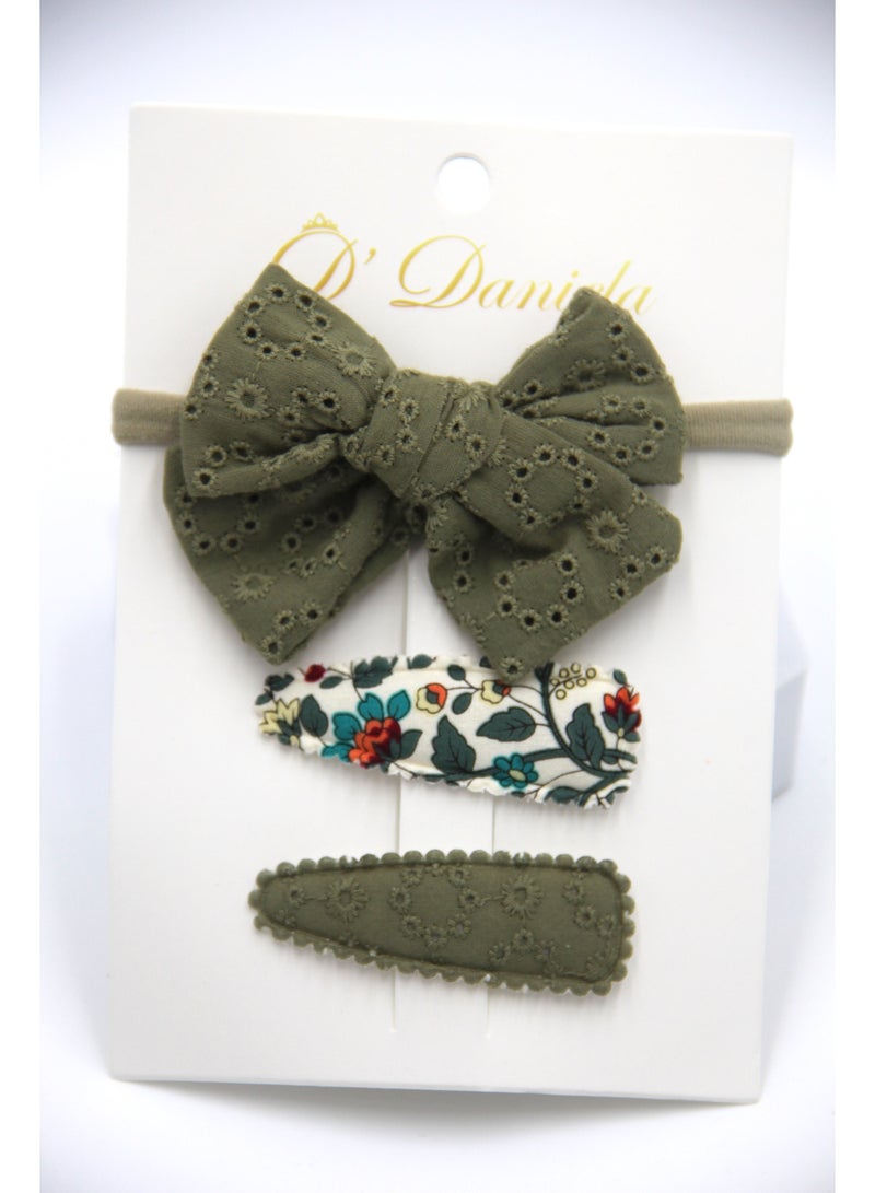 دىدانيالا مجموعة مشابك شعر فيونكة بشريط دانييلا جانا مع ربطة شعر للأطفال والبنات - زيتوني - Image 1