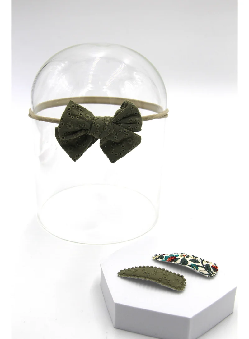 D'Daniela D'Daniela Jana Ribbon Bow Clip Set with Ponytail For Babies and Girls - Olive Green