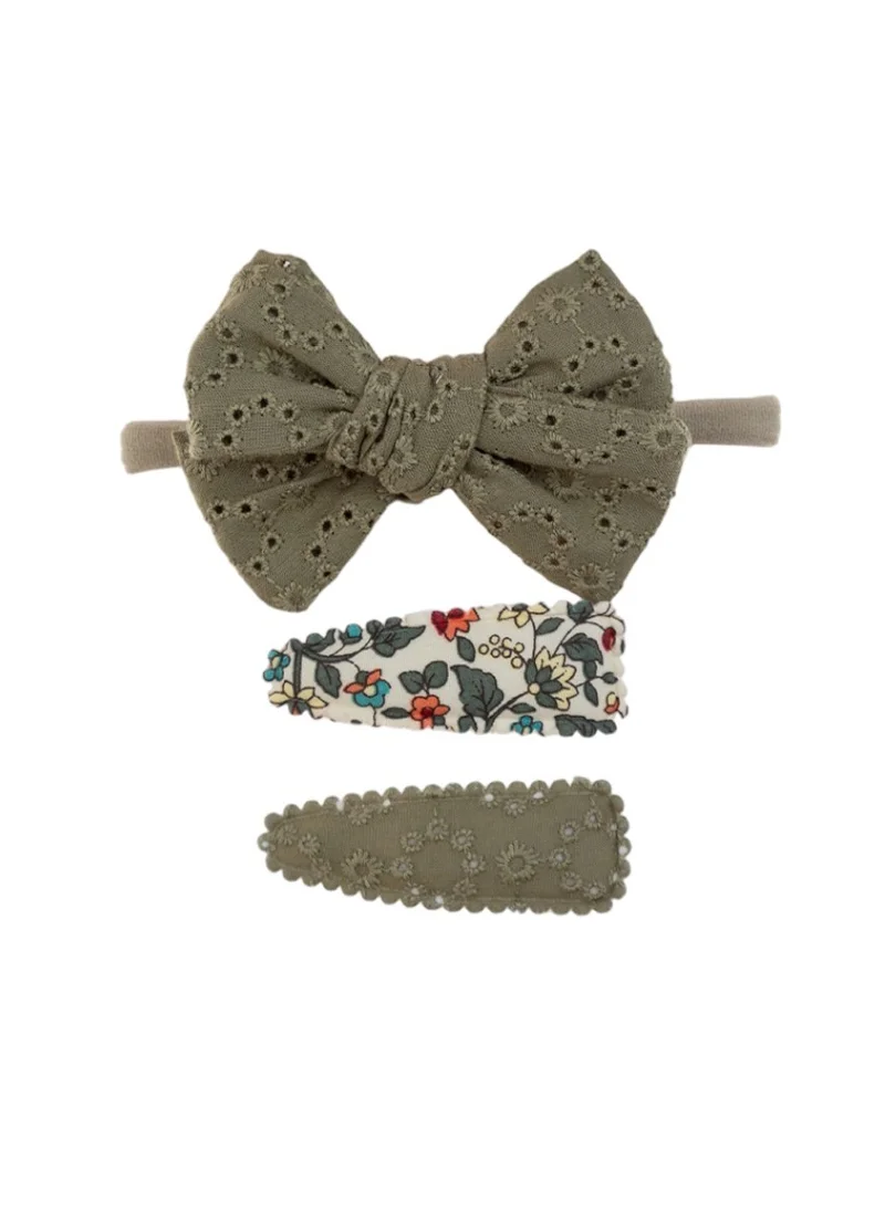 دىدانيالا Jana Ribbon Bow Clip Set with Ponytail For Babies and Girls - Olive Green