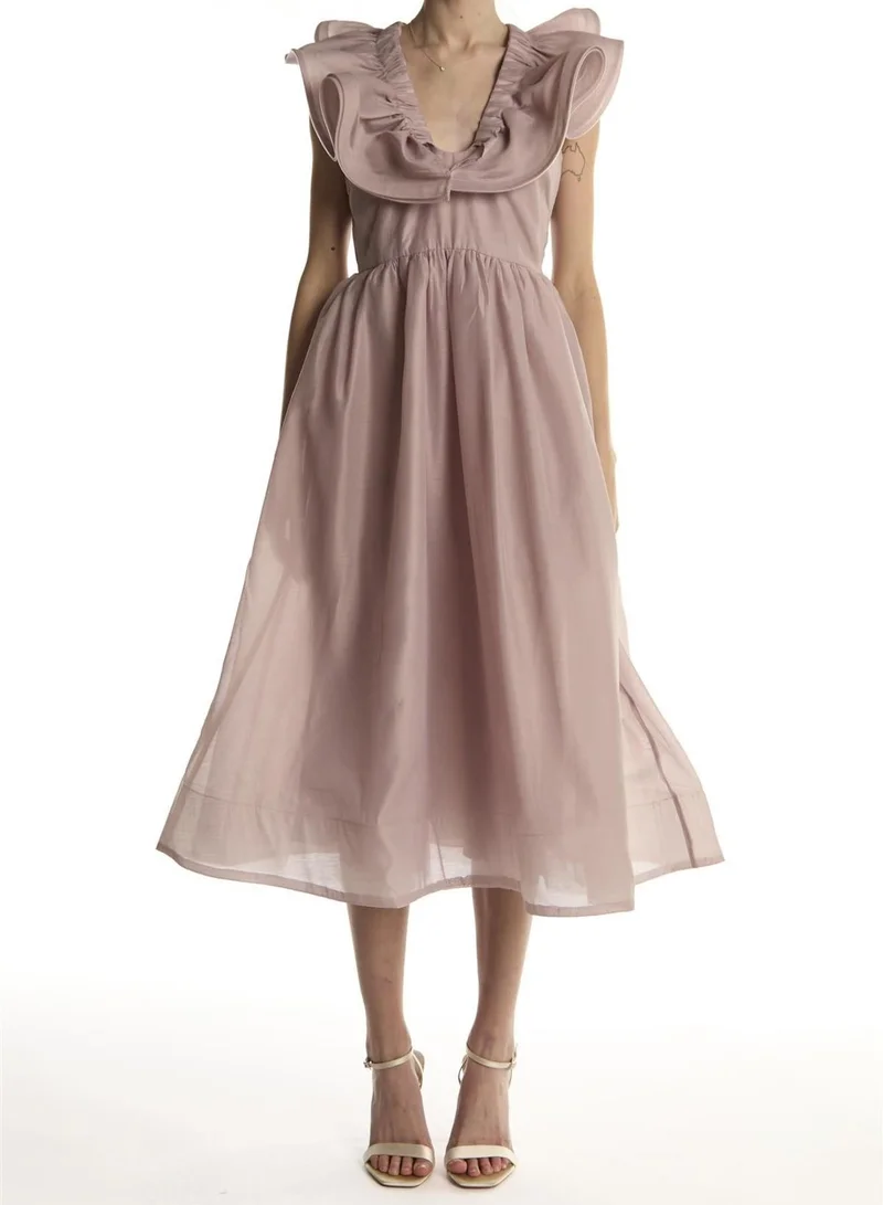 ترو ديكادينس Dusty Mauve Ruffle V neck Midi Dress