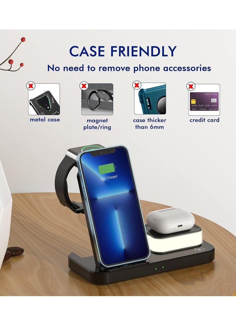 Wireless Charger for iPhone 15/14/13/Pro/Mini/Max/12/11/XS/XR/X/8/Samsung, 3 in 1 Charging Station Dock Stand with Night Light for Apple iwatch 8/Ultra/7/SE/6/5/4/3/2, For AirPods 3/2/Pro Black  - Image 5