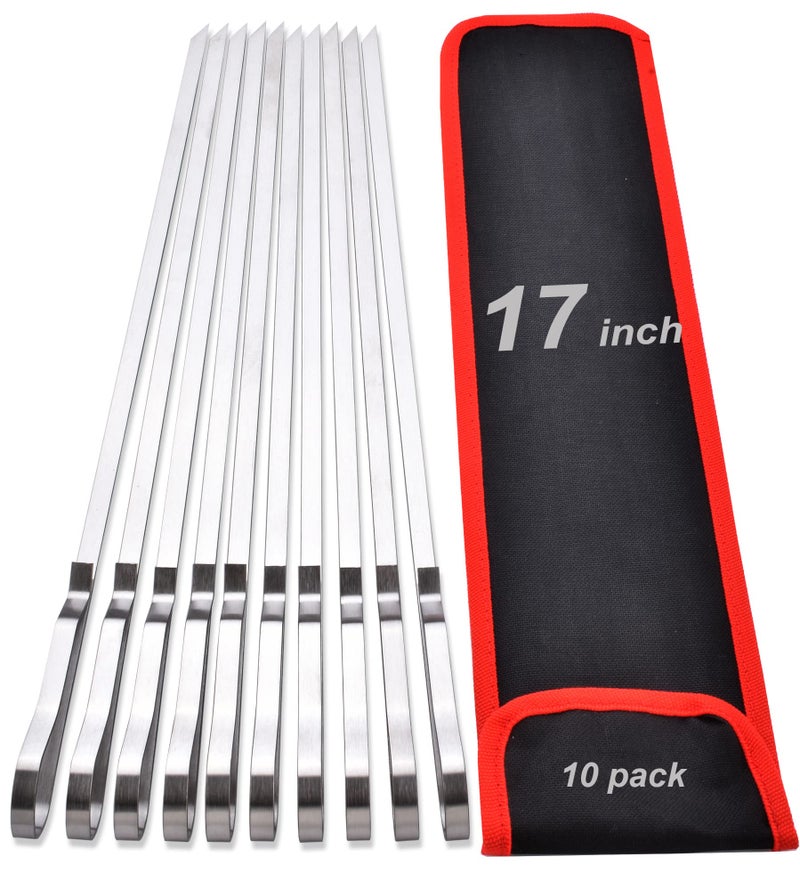 HONSHEN 17 Inch Long Stainless Steel Skewers for KabobsHONSHEN Flat Shish Kabob Barbecue Skewers with Storage Bag  Metal BBQ Skewers for Grilling Meat Chicken Shrimp Vegetables  10 Pack
