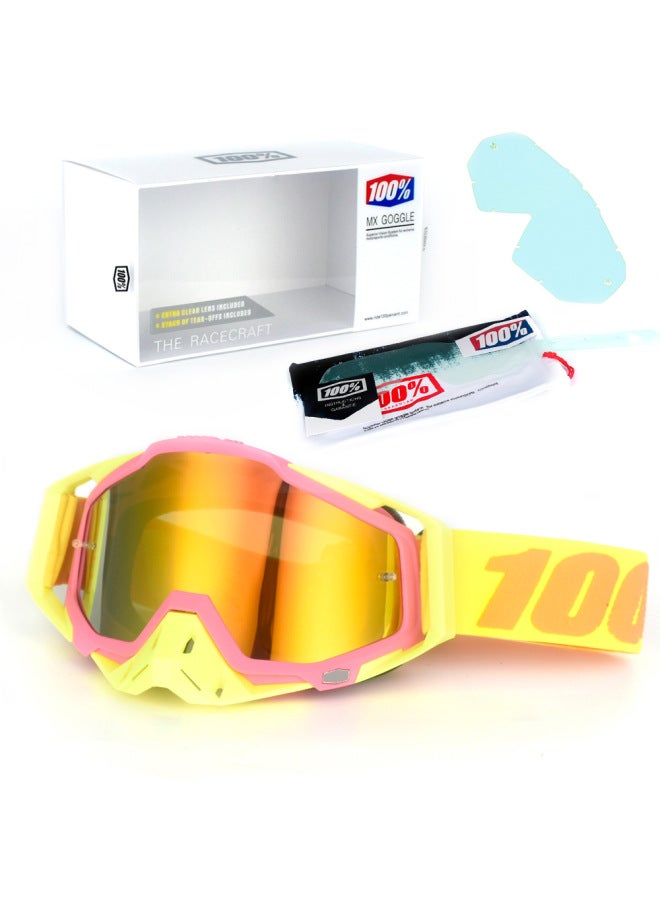 Set of Motorcycle Downhill Goggles - 74 Powder Yellow Frame with Red Nose, UV Protection, Off-Road