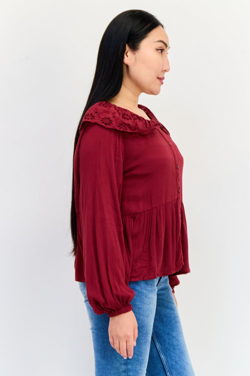 ONLY Women Peter Pan Collar Long Sleeve Textured Blouse, Maroon - Image 3