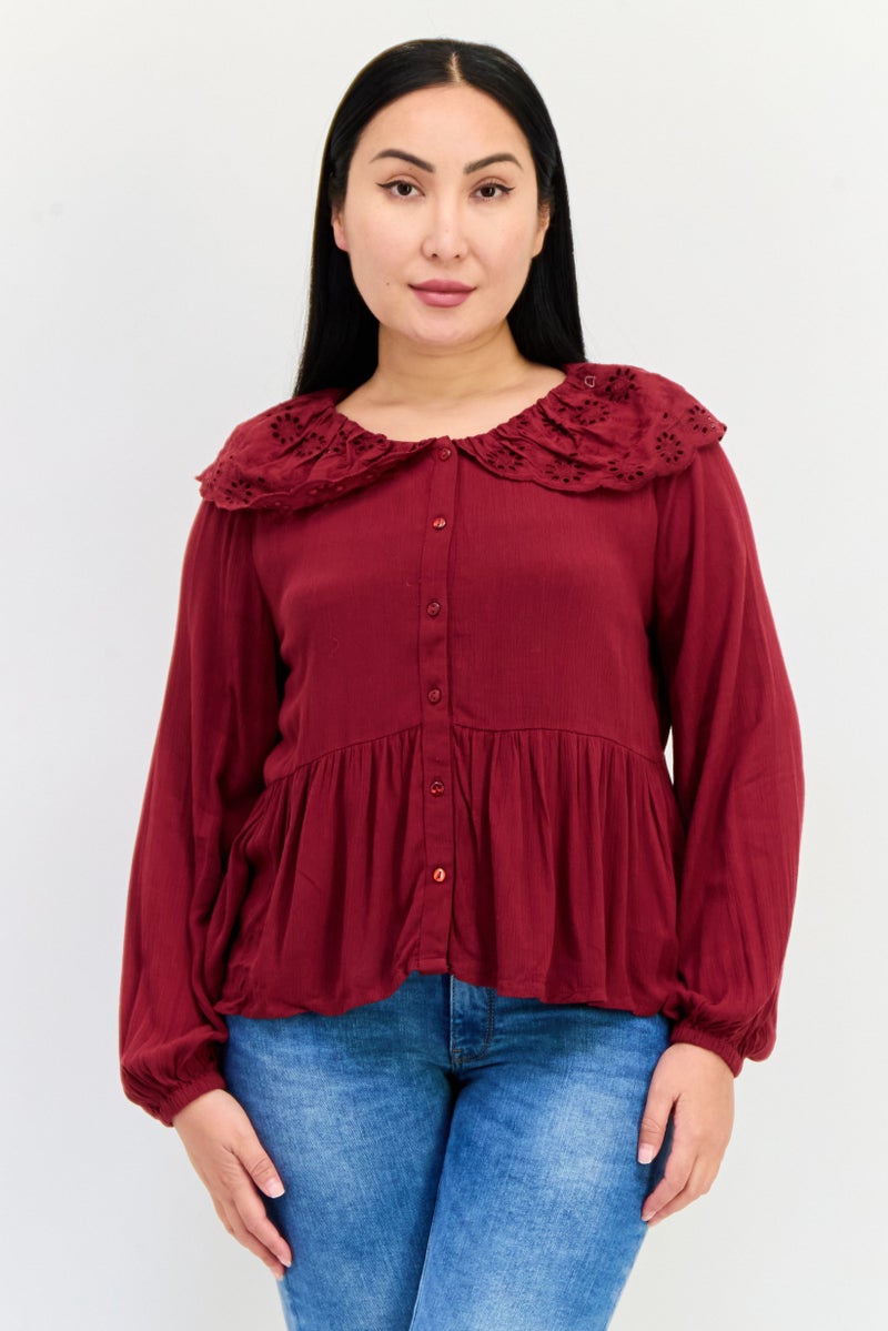 ONLY Women Peter Pan Collar Long Sleeve Textured Blouse, Maroon - Image 1