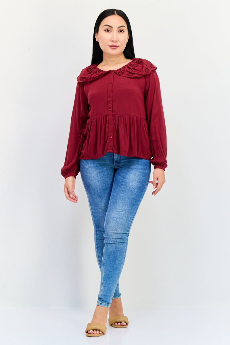 ONLY Women Peter Pan Collar Long Sleeve Textured Blouse, Maroon - Image 4
