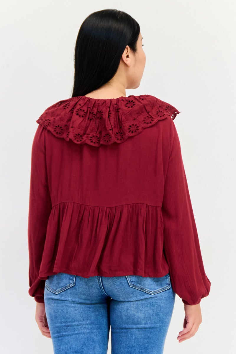 ONLY Women Peter Pan Collar Long Sleeve Textured Blouse, Maroon - Image 2