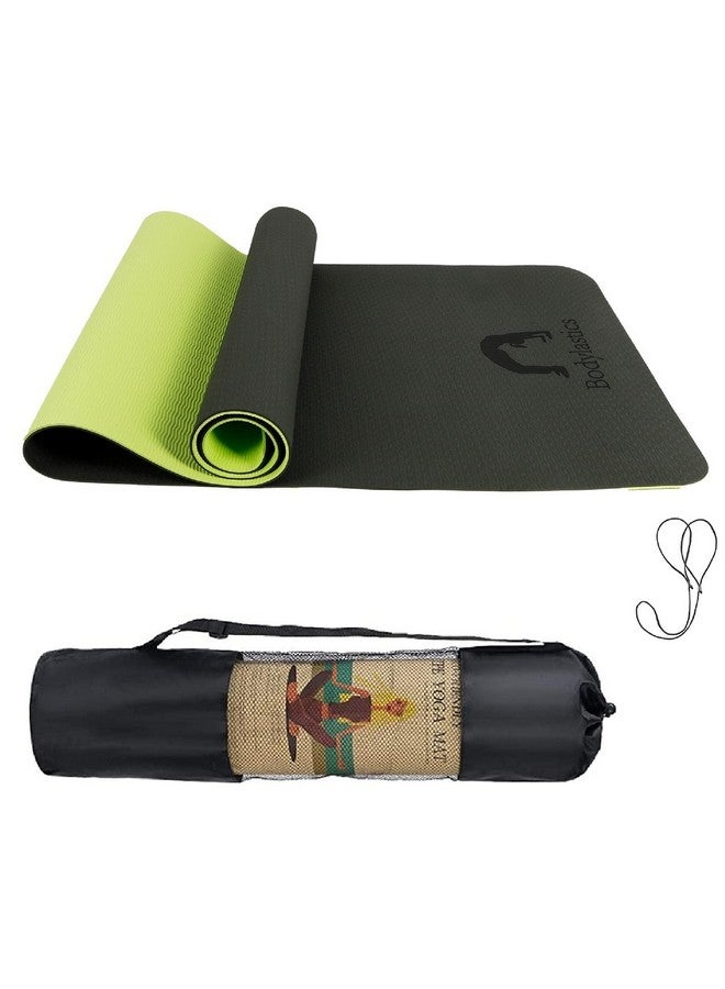 Bodylastics Yoga Mat for Men and Women with Carry Bag TPE 6ft x 2ft x 6mm Large Size Anti Slip & Anti Tear Workout Mat (Black/Green) - Image 1