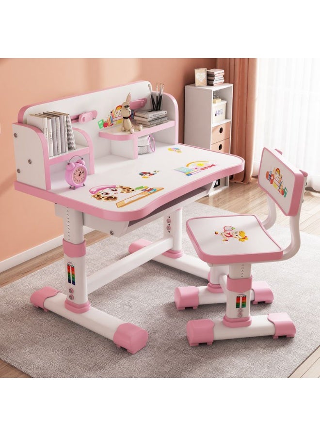 POWER Children's desk and chair set, multi-functional children's reading and learning activity table, ergonomic toddler chair, with storage drawers, bookshelf, and double shelves, suitable for students' writing and learning pink - Image 1