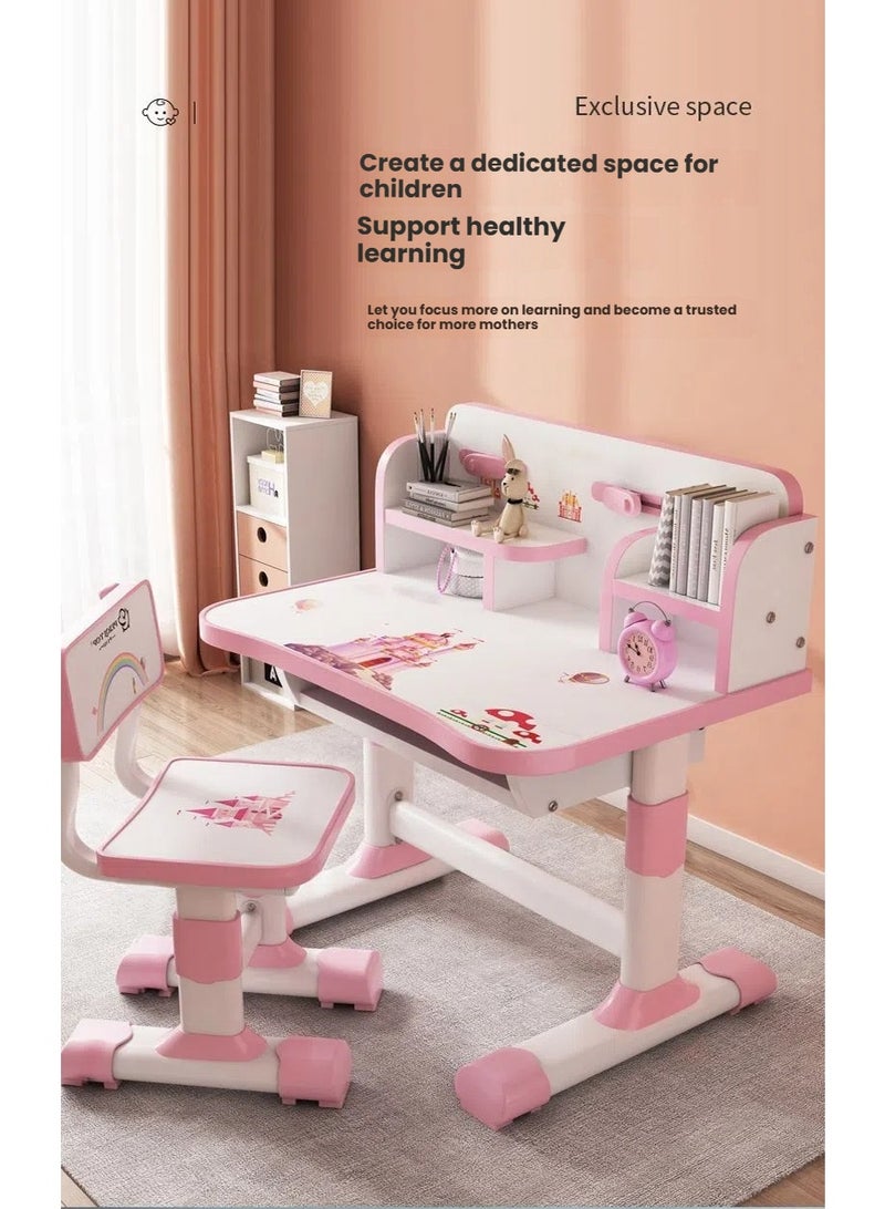 POWER Children's desk and chair set, multi-functional children's reading and learning activity table, ergonomic toddler chair, with storage drawers, bookshelf, and double shelves, suitable for students' writing and learning pink - Image 2