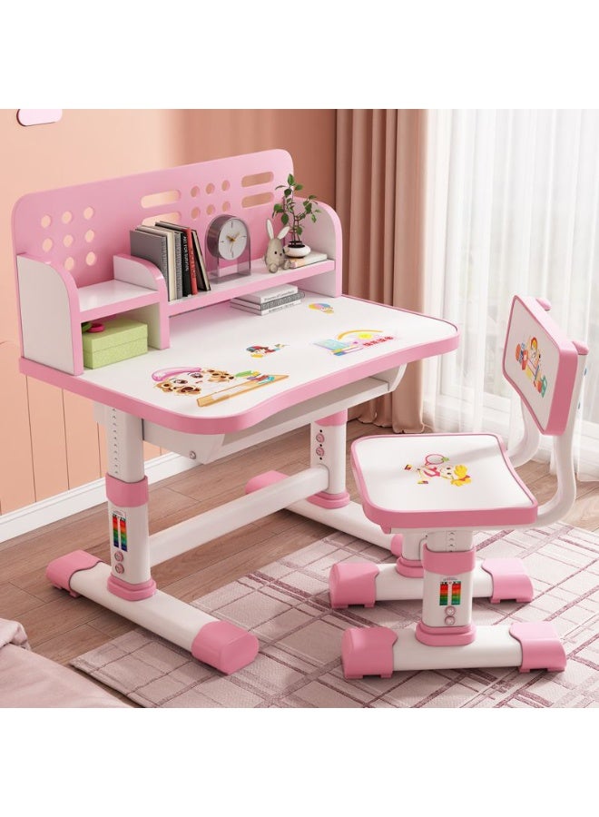 POWER Children's desk and chair set, multi-functional children's reading and learning activity table, ergonomic toddler chair, with storage drawers, bookshelf, and double shelves, suitable for students' writing and learning pink - Image 3