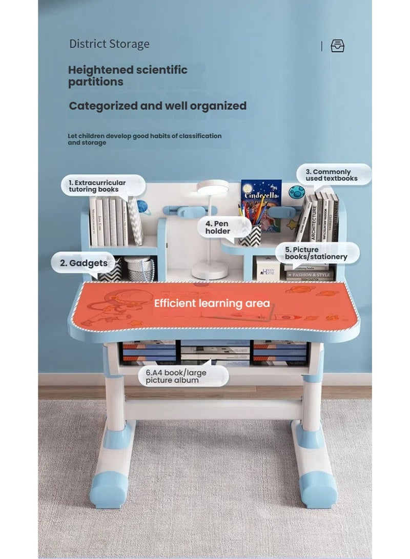 POWER Children's desk and chair set, multi-functional children's reading and learning activity table, ergonomic toddler chair, with storage drawers, bookshelf, and double shelves, suitable for students' writing and learning pink - Image 4