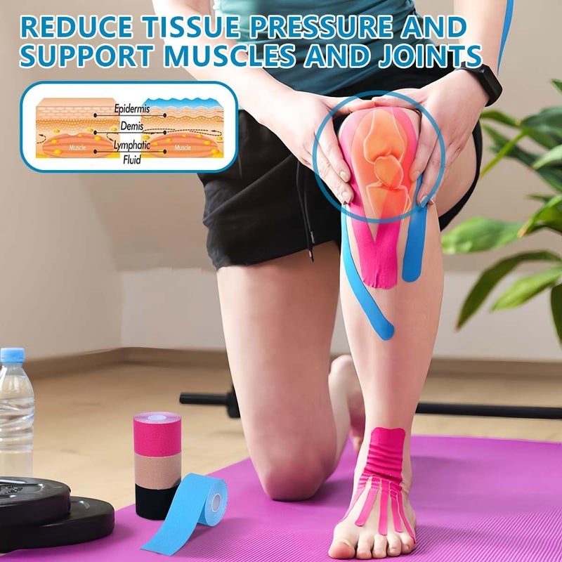 OBTANIM 4 Rolls Waterproof Breathable Kinesiology Tape, Athletic Elastic Kneepad Muscle Pain Relief Knee Taping for Gym Fitness Running Tennis Swimming Football (Black, Skin, Pink, Light Blue) - Image 4