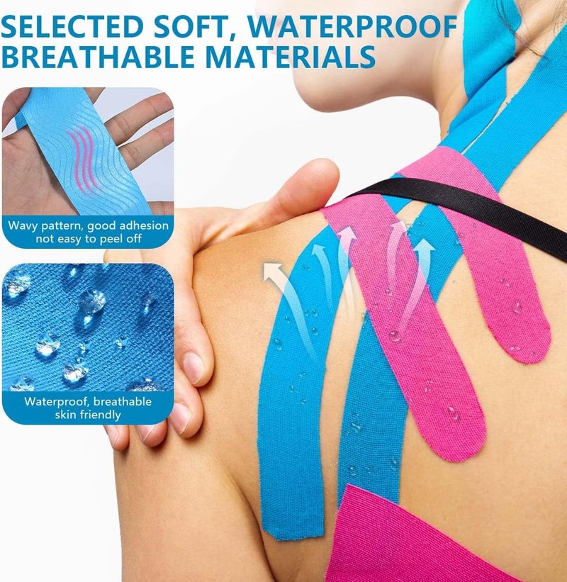 OBTANIM 4 Rolls Waterproof Breathable Kinesiology Tape, Athletic Elastic Kneepad Muscle Pain Relief Knee Taping for Gym Fitness Running Tennis Swimming Football (Black, Skin, Pink, Light Blue) - Image 3