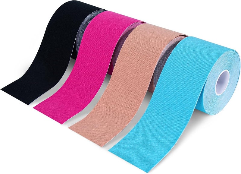 OBTANIM 4 Rolls Waterproof Breathable Kinesiology Tape, Athletic Elastic Kneepad Muscle Pain Relief Knee Taping for Gym Fitness Running Tennis Swimming Football (Black, Skin, Pink, Light Blue) - Image 1