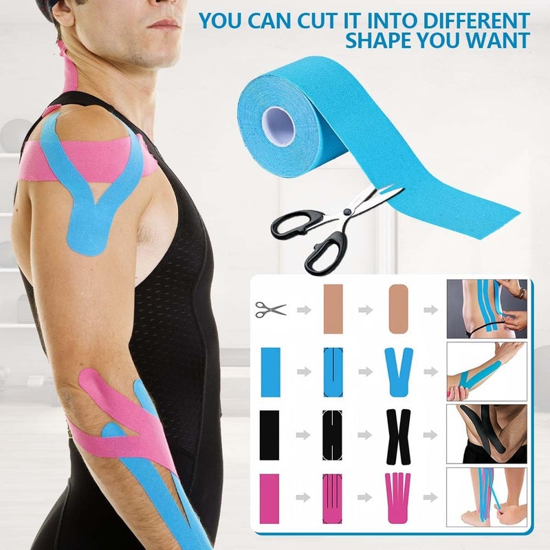 OBTANIM 4 Rolls Waterproof Breathable Kinesiology Tape, Athletic Elastic Kneepad Muscle Pain Relief Knee Taping for Gym Fitness Running Tennis Swimming Football (Black, Skin, Pink, Light Blue) - Image 5